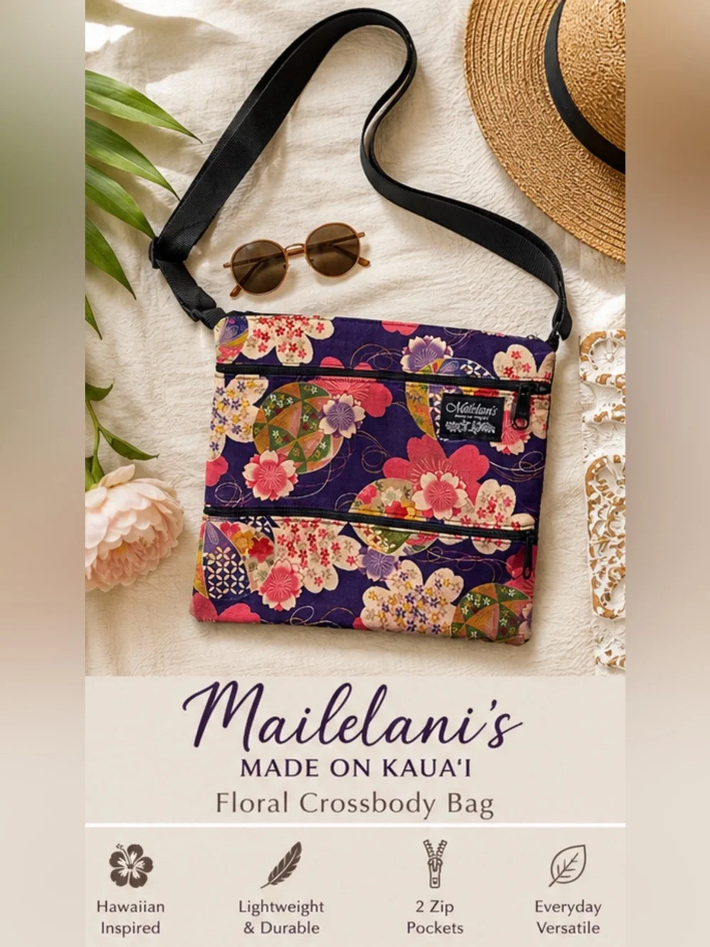 Mailelani’s Made on Kaua‘i Hawaiian Floral Crossbody Bag Boho Purple Pink 🌺